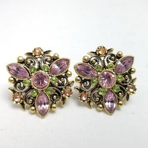 Vintage Avon Pink Green Rhinestone Clip On Earrings, Scroll Design, Estate